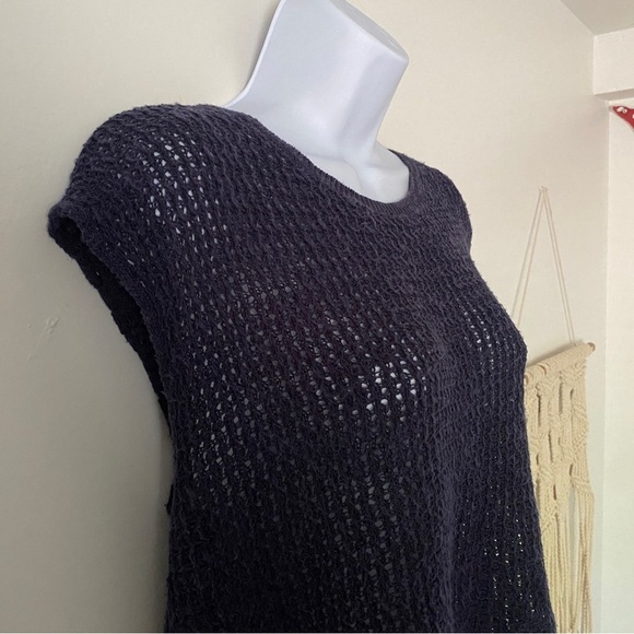 Eileen Fisher Navy Crochet Knit Split Back Top Organic Linen Cotton Blend XL - Picture 6 of 13